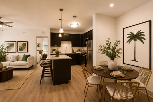 Kitchen with granite island seating, dining area and living room in a Millennium Apartments floor plan
