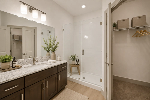 Bathroom with a walk-in shower and adjoining closet at Millennium Apartments