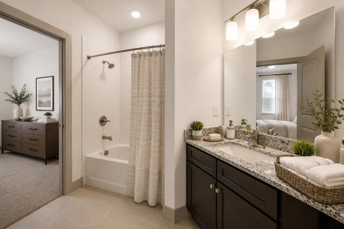 Bathroom with a soaking tub and granite vanity at Millennium Apartments