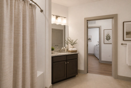 Bathroom with laundry room access at Millennium Apartments