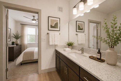 Bathroom vanity beside the bedroom at Millennium Apartments