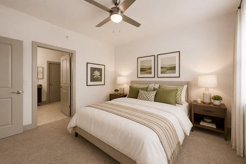 Bedroom with bathroom access at Millennium Apartments