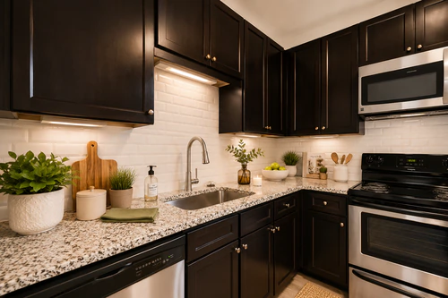 Granite counters and tile backsplash in a Millennium Apartments kitchen
