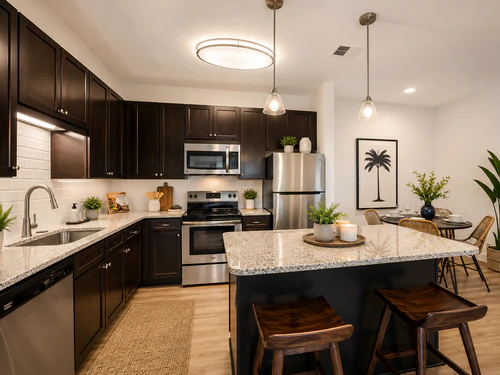 Millennium Apartments' kitchen with breakfast bar seating