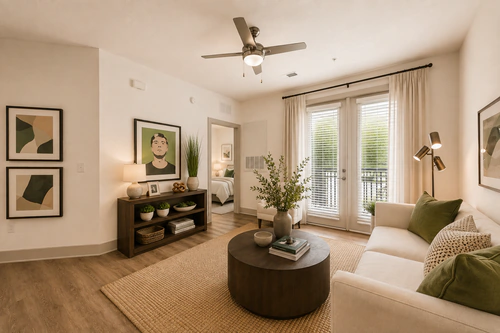 Living room with balcony access at Millennium Apartments